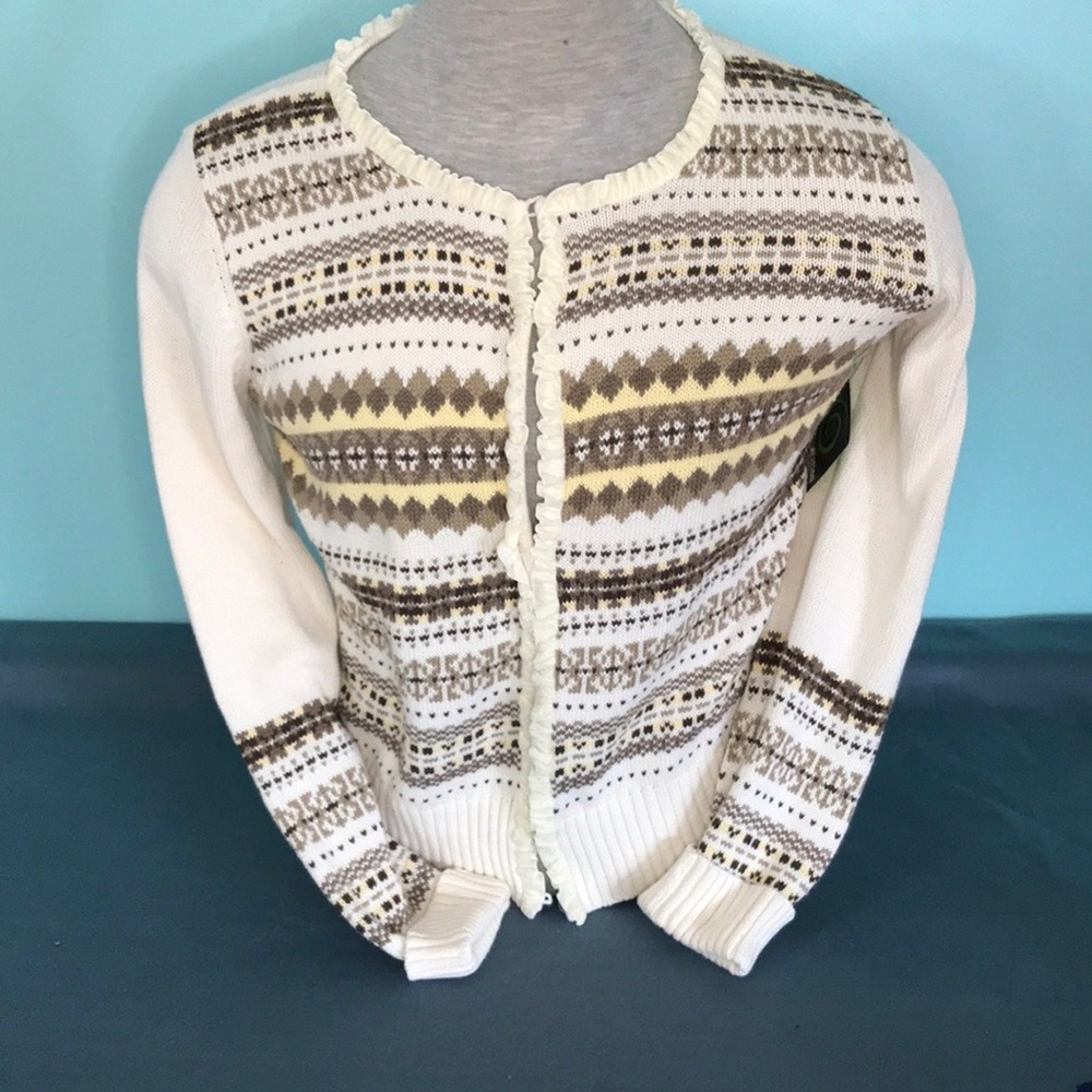 Crazy Horse Cardigan Sweater White Fair Isle Ruffle Trim Cotton Blend XL